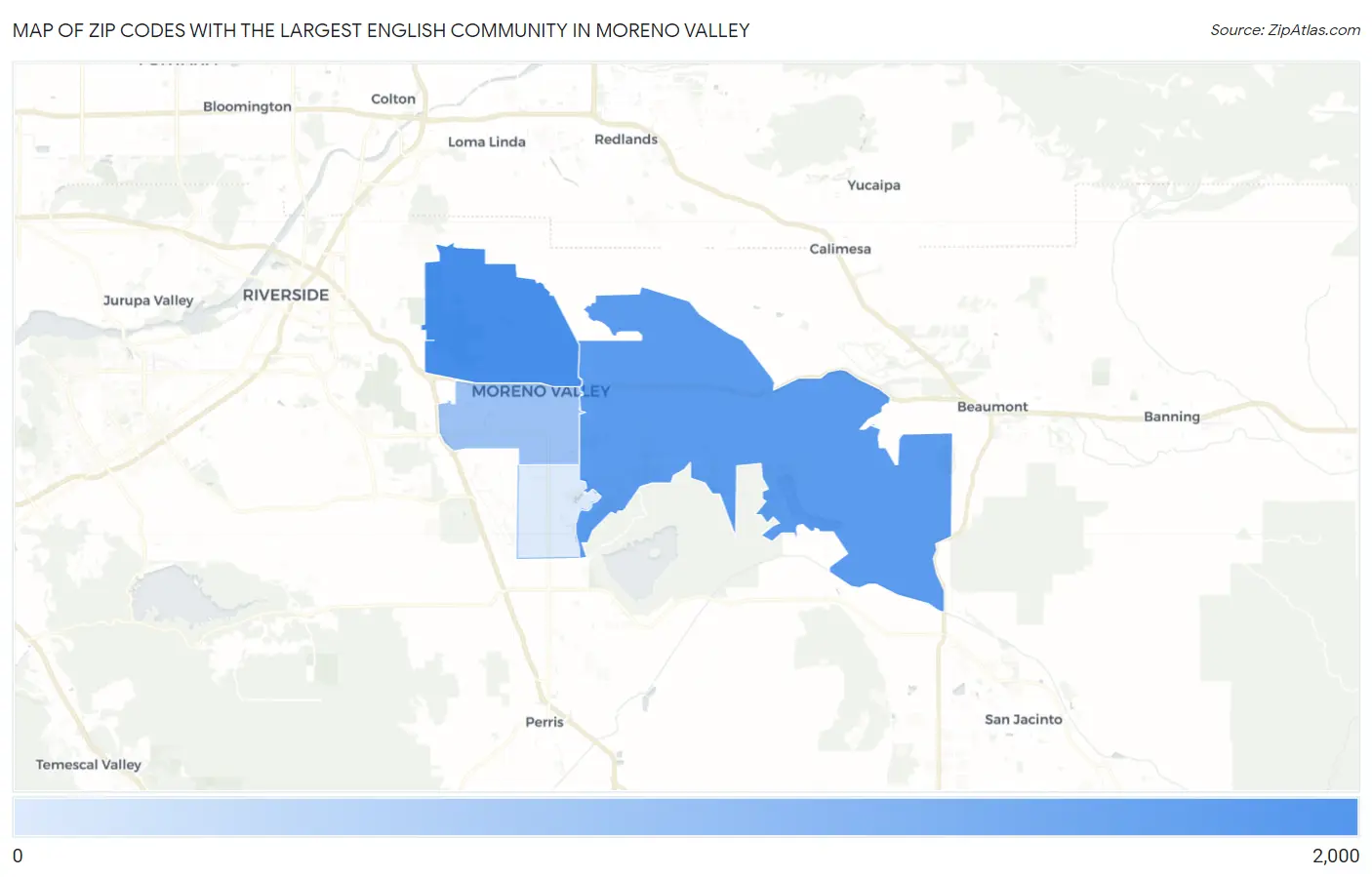 Zip Codes with the Largest English Community in Moreno Valley Map