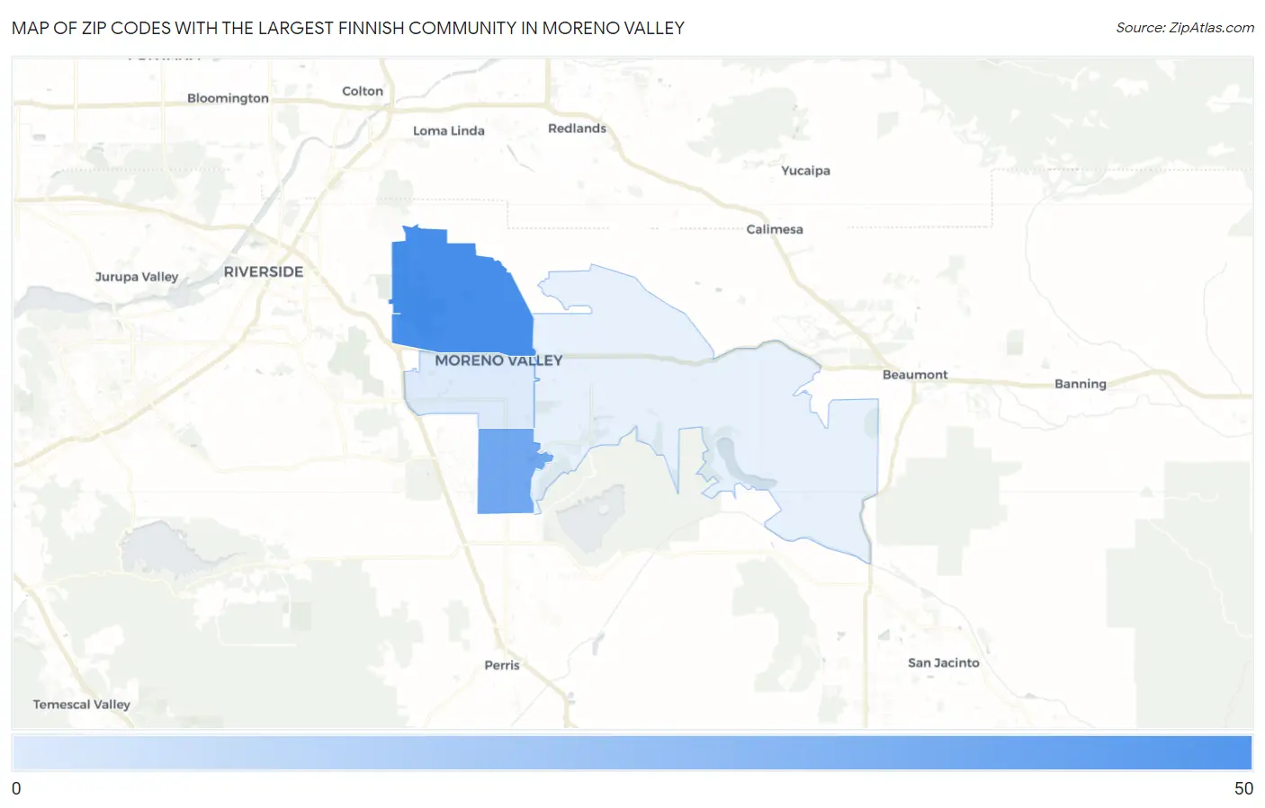Zip Codes with the Largest Finnish Community in Moreno Valley Map