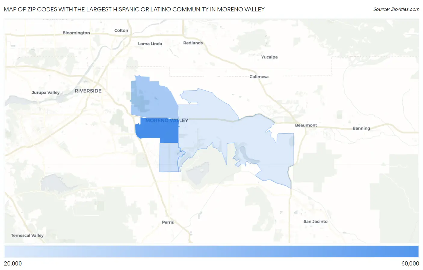 Zip Codes with the Largest Hispanic or Latino Community in Moreno Valley Map