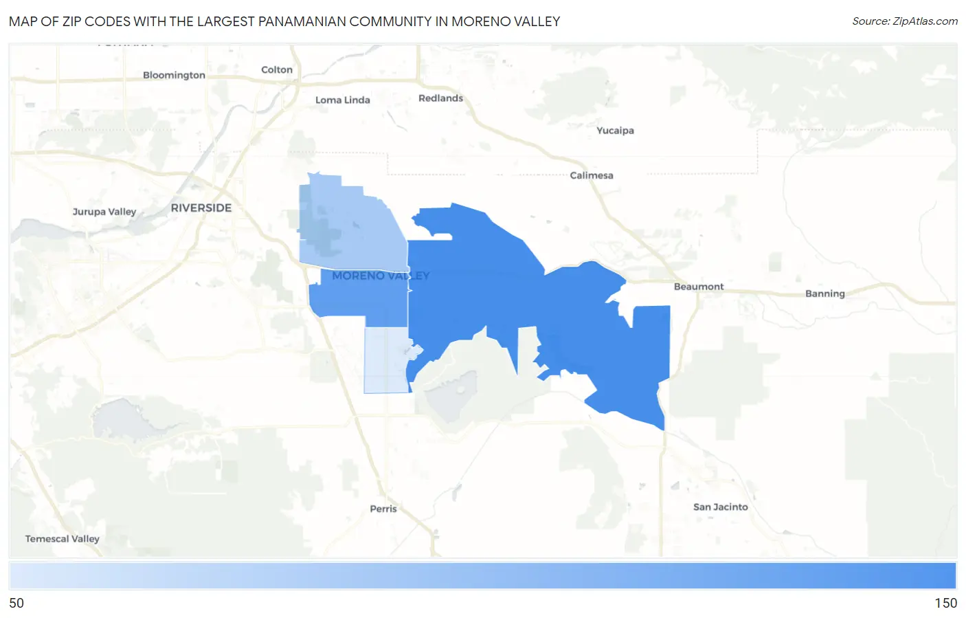 Zip Codes with the Largest Panamanian Community in Moreno Valley Map