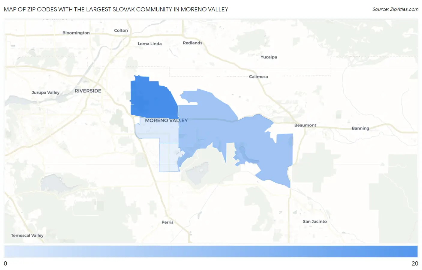 Zip Codes with the Largest Slovak Community in Moreno Valley Map