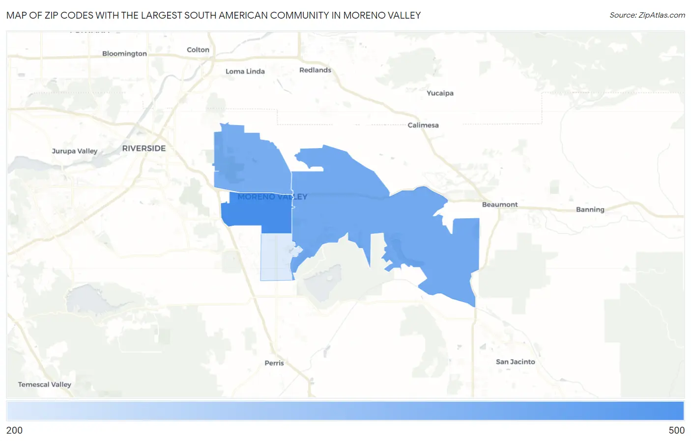 Zip Codes with the Largest South American Community in Moreno Valley Map