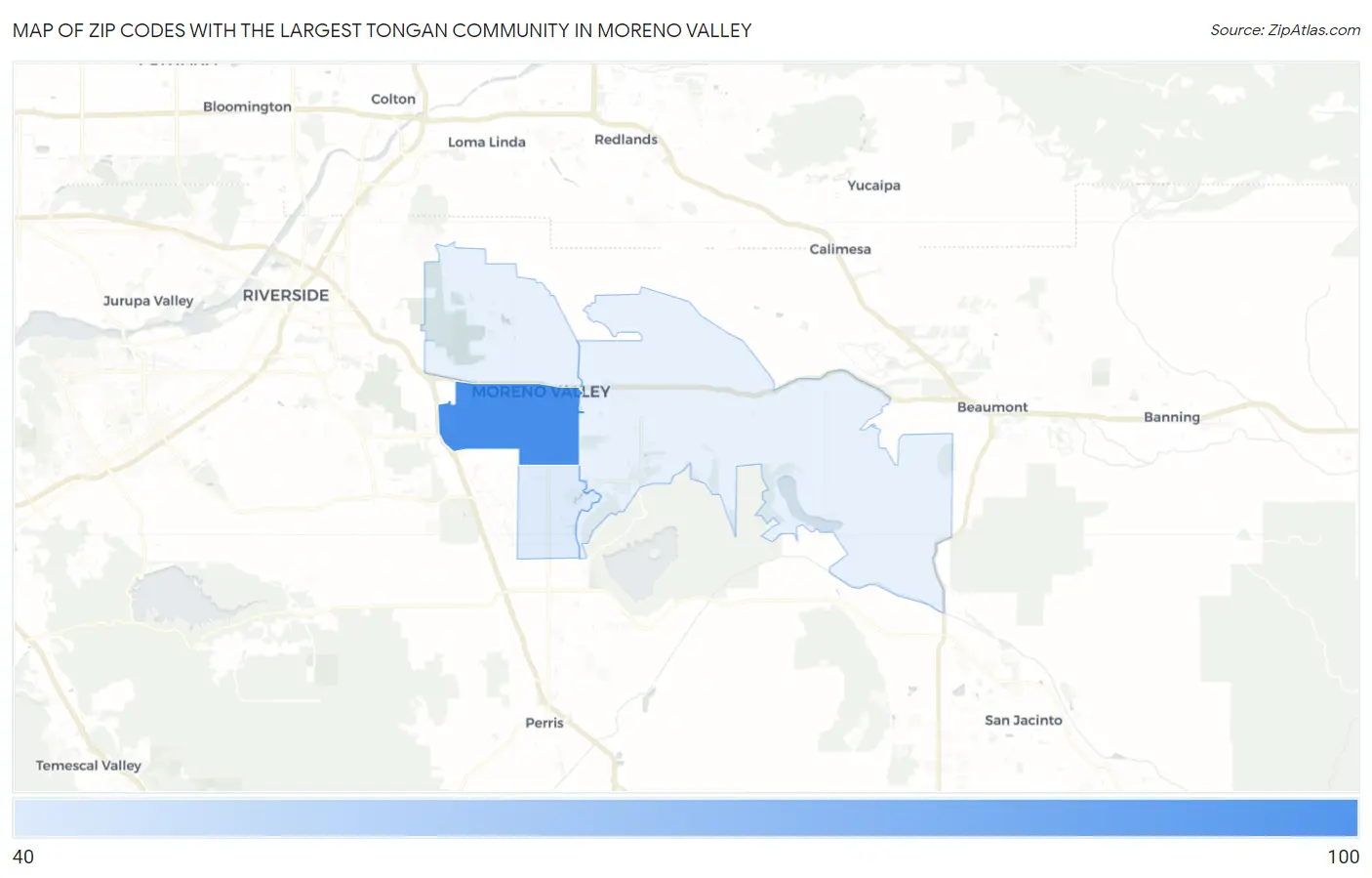 Zip Codes with the Largest Tongan Community in Moreno Valley Map