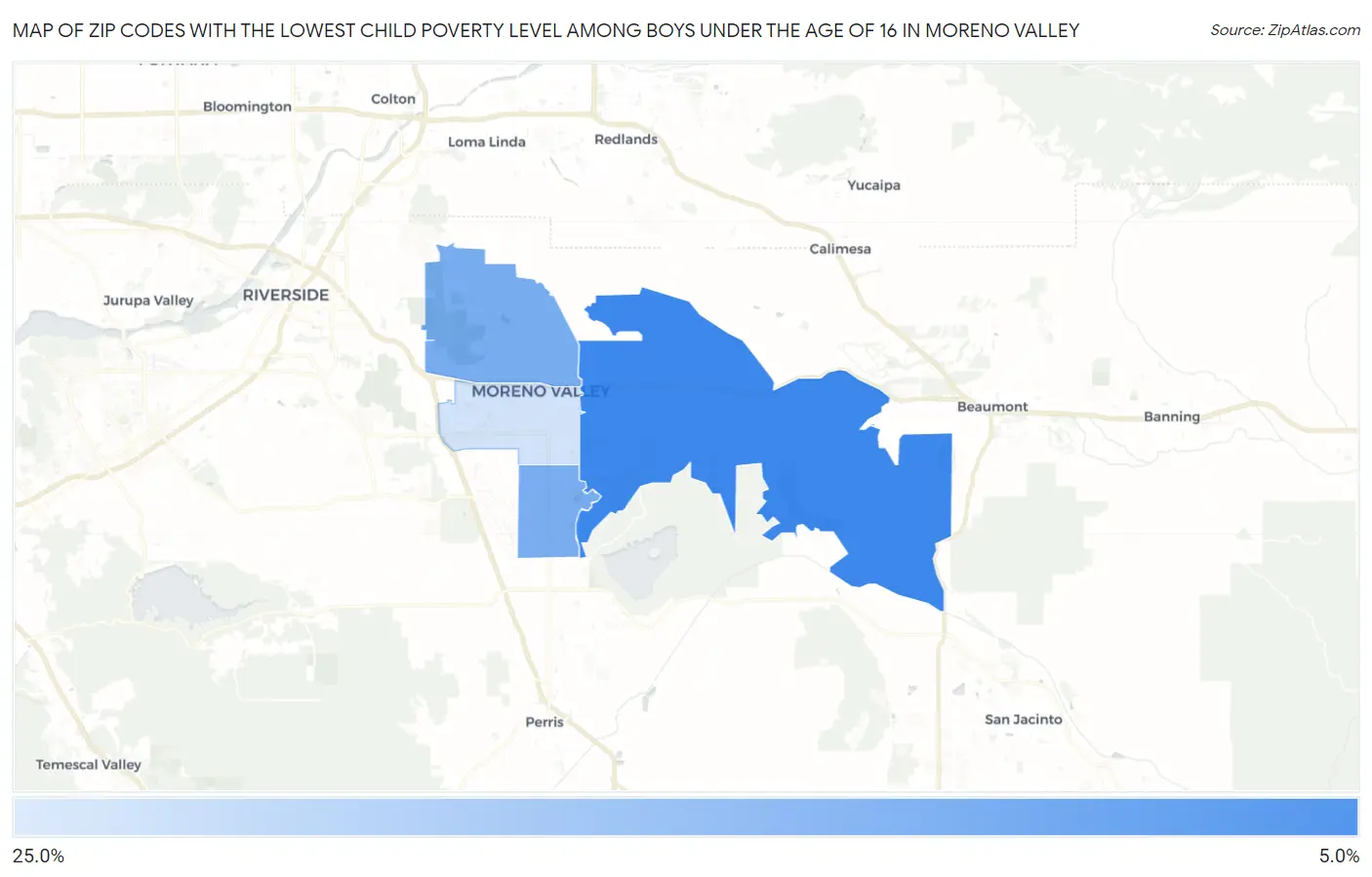 Zip Codes with the Lowest Child Poverty Level Among Boys Under the Age of 16 in Moreno Valley Map