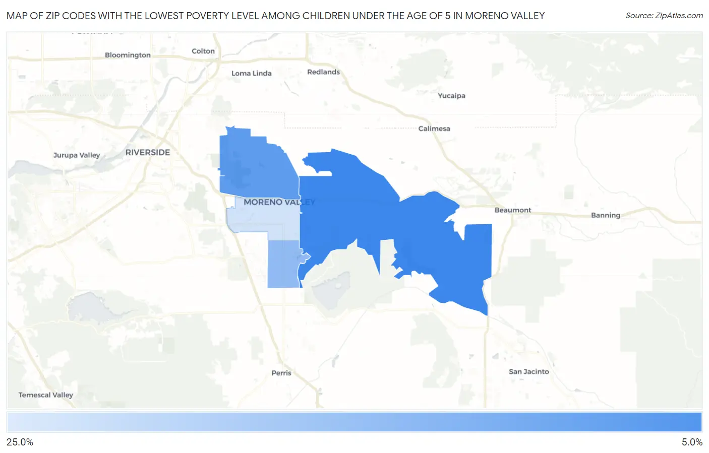 Zip Codes with the Lowest Poverty Level Among Children Under the Age of 5 in Moreno Valley Map