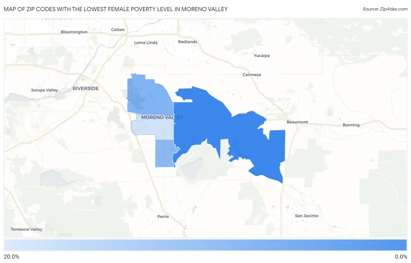 Zip Codes with the Lowest Female Poverty Level in Moreno Valley Map