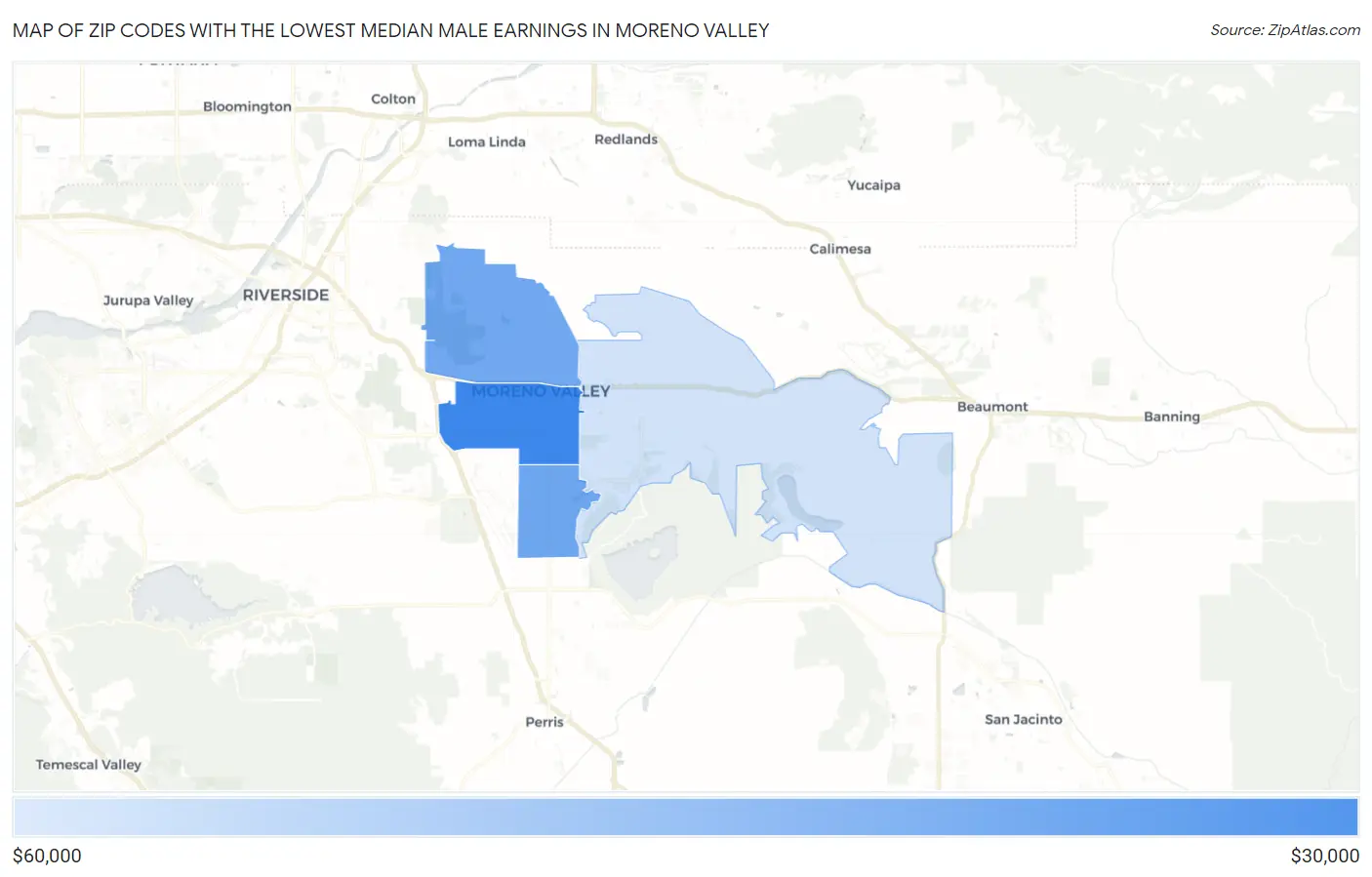 Zip Codes with the Lowest Median Male Earnings in Moreno Valley Map