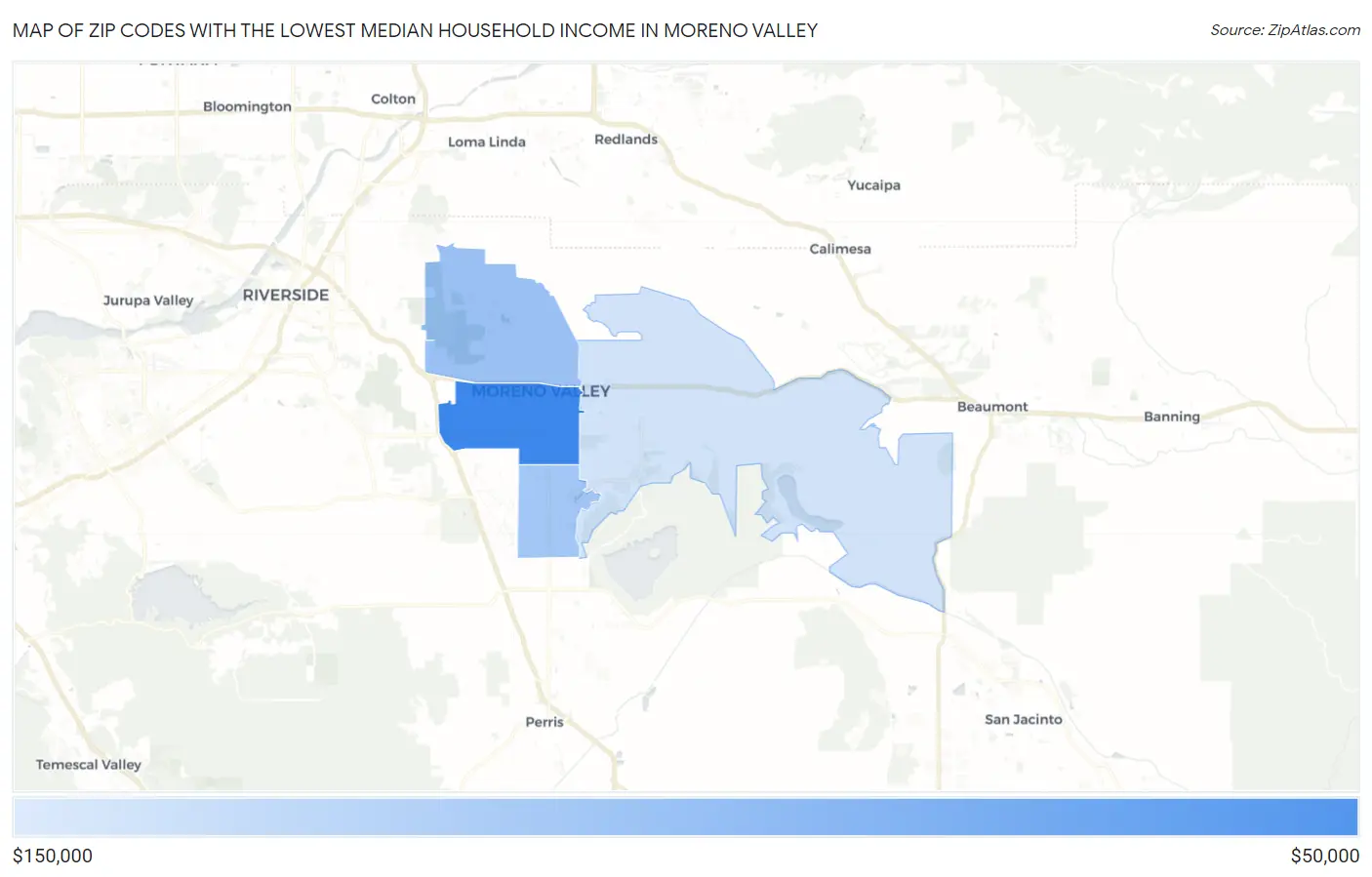 Zip Codes with the Lowest Median Household Income in Moreno Valley Map