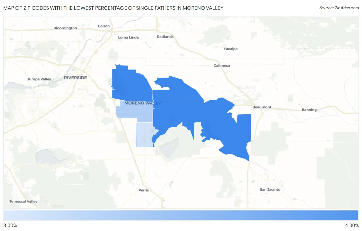 Zip Codes with the Lowest Percentage of Single Fathers in Moreno Valley Map