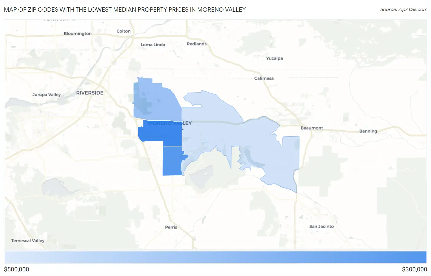Zip Codes with the Lowest Median Property Prices in Moreno Valley Map