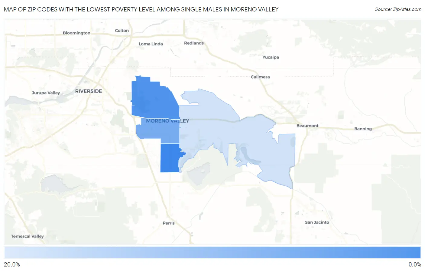 Zip Codes with the Lowest Poverty Level Among Single Males in Moreno Valley Map