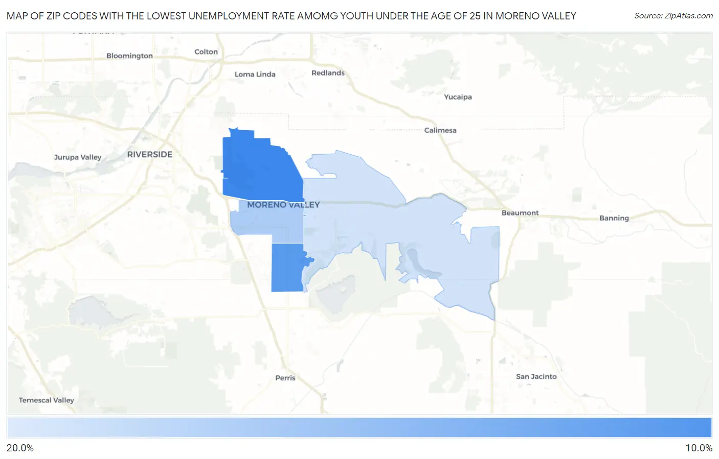 Zip Codes with the Lowest Unemployment Rate Amomg Youth Under the Age of 25 in Moreno Valley Map