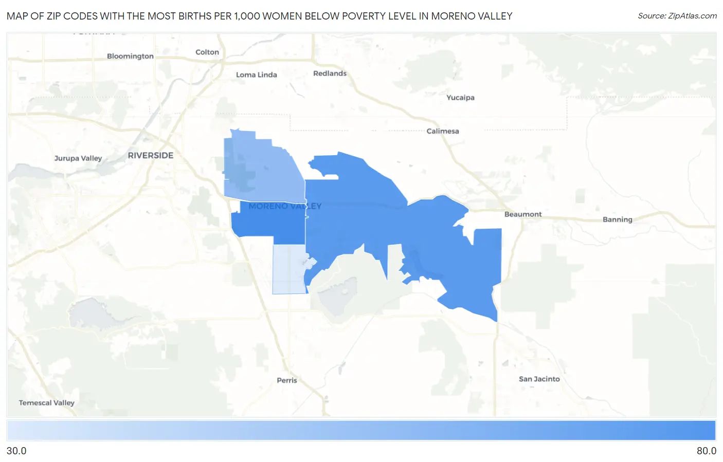 Zip Codes with the Most Births per 1,000 Women Below Poverty Level in Moreno Valley Map