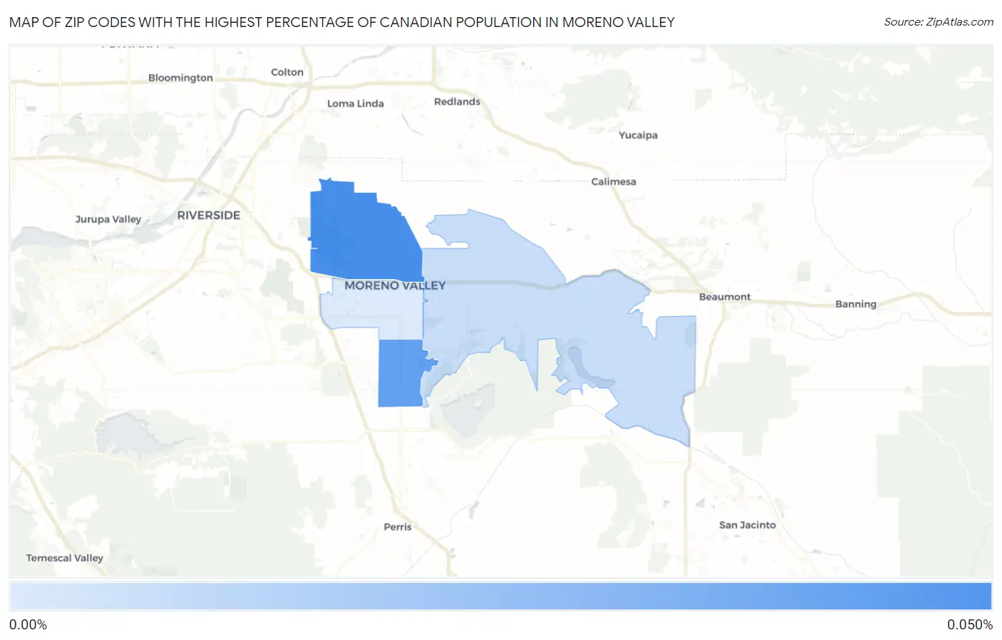 Zip Codes with the Highest Percentage of Canadian Population in Moreno Valley Map
