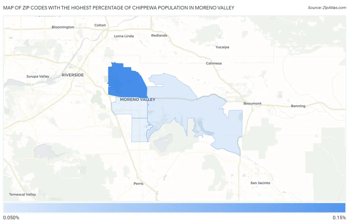 Zip Codes with the Highest Percentage of Chippewa Population in Moreno Valley Map