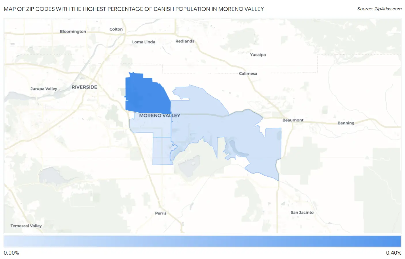 Zip Codes with the Highest Percentage of Danish Population in Moreno Valley Map