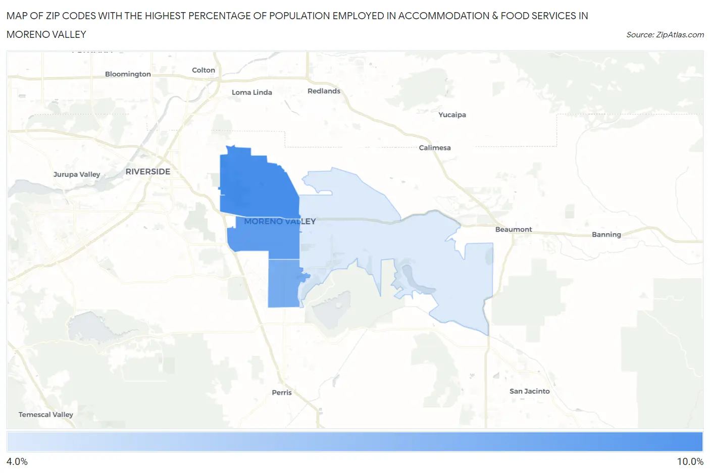 Zip Codes with the Highest Percentage of Population Employed in Accommodation & Food Services in Moreno Valley Map