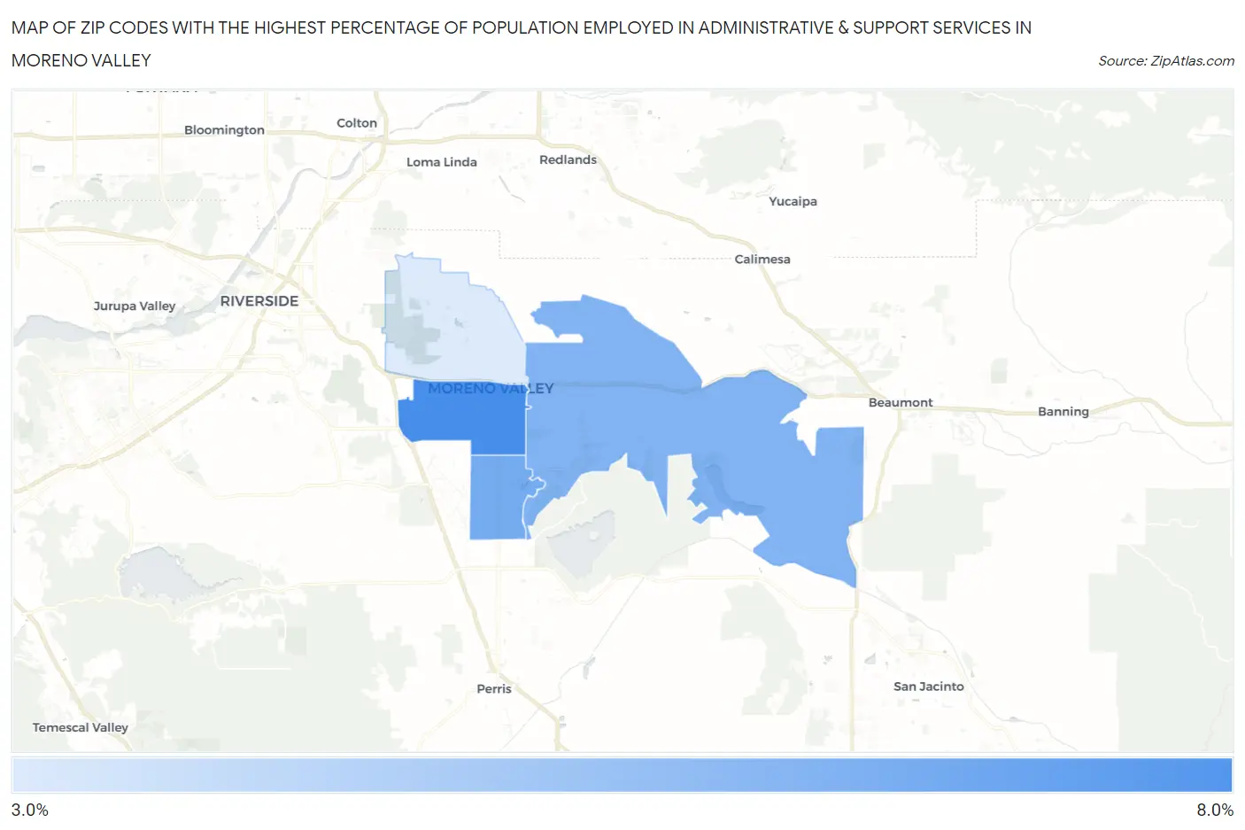 Zip Codes with the Highest Percentage of Population Employed in Administrative & Support Services in Moreno Valley Map