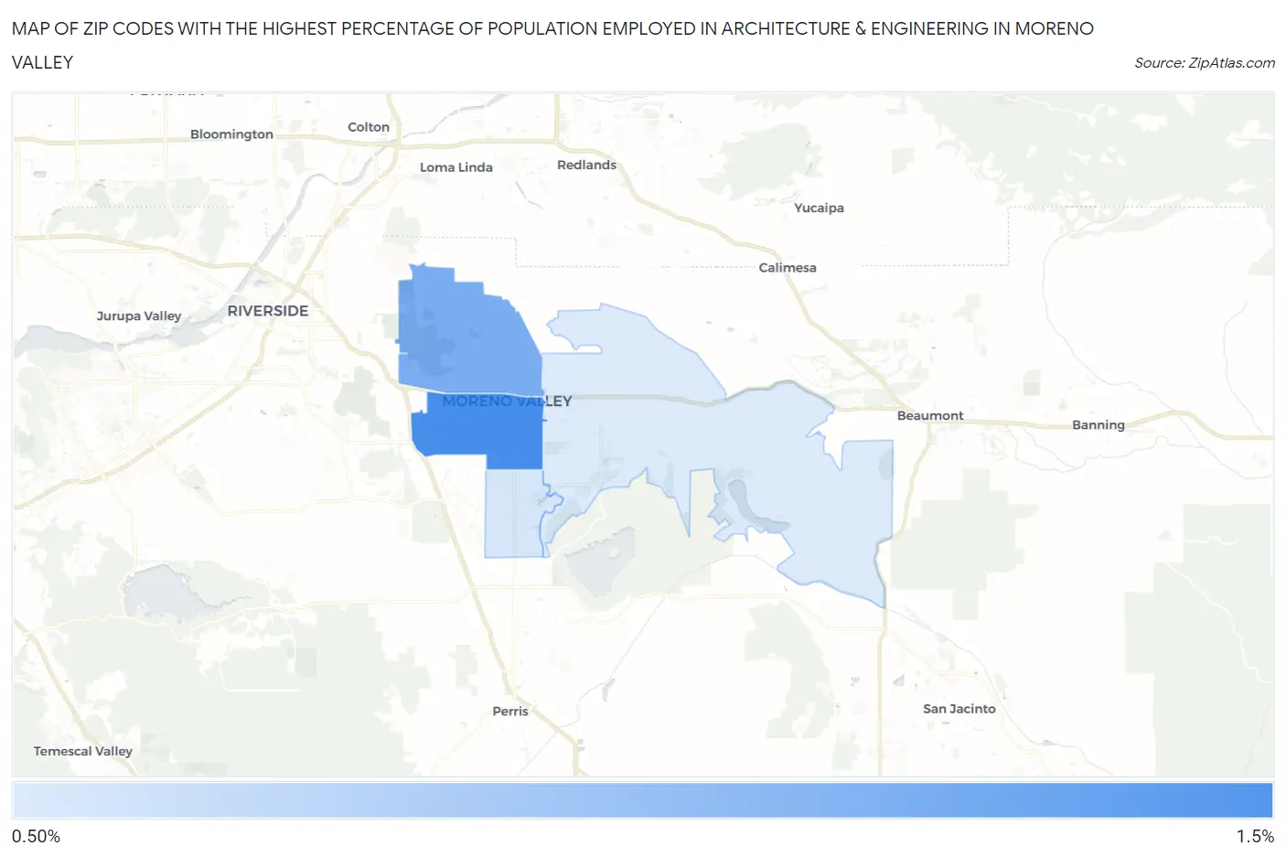 Zip Codes with the Highest Percentage of Population Employed in Architecture & Engineering in Moreno Valley Map