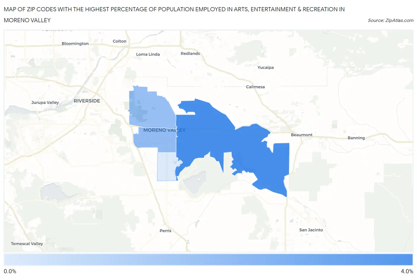 Zip Codes with the Highest Percentage of Population Employed in Arts, Entertainment & Recreation in Moreno Valley Map