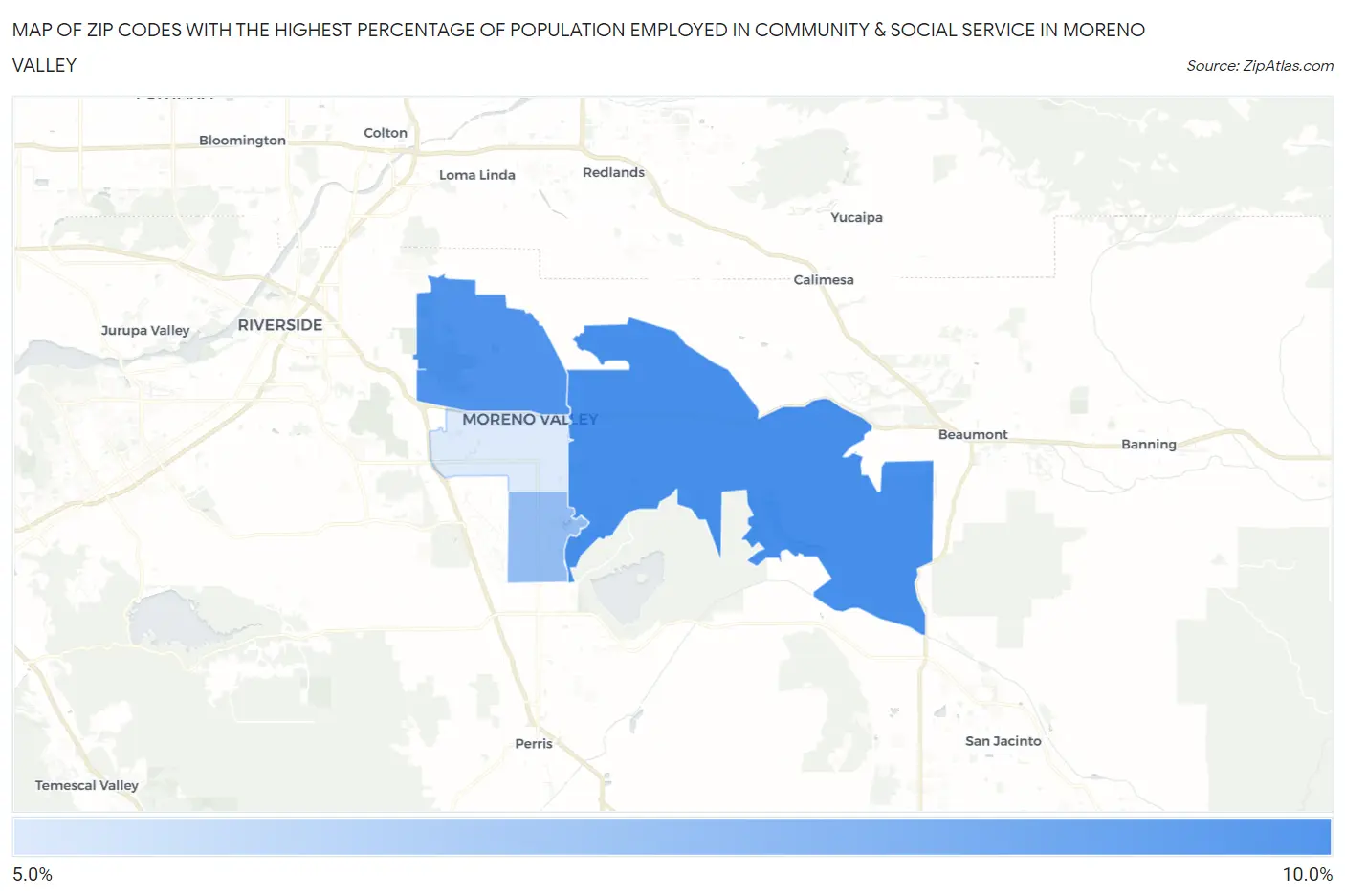 Zip Codes with the Highest Percentage of Population Employed in Community & Social Service  in Moreno Valley Map