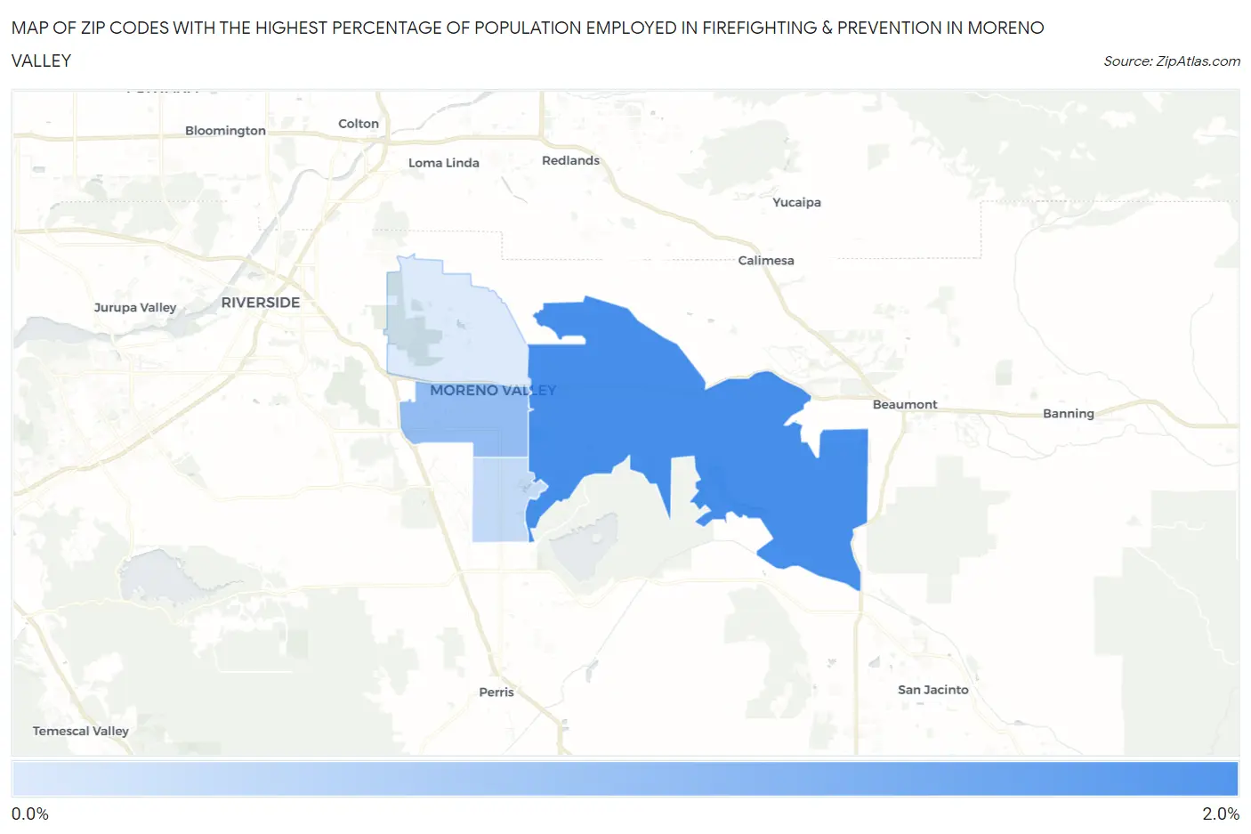 Zip Codes with the Highest Percentage of Population Employed in Firefighting & Prevention in Moreno Valley Map