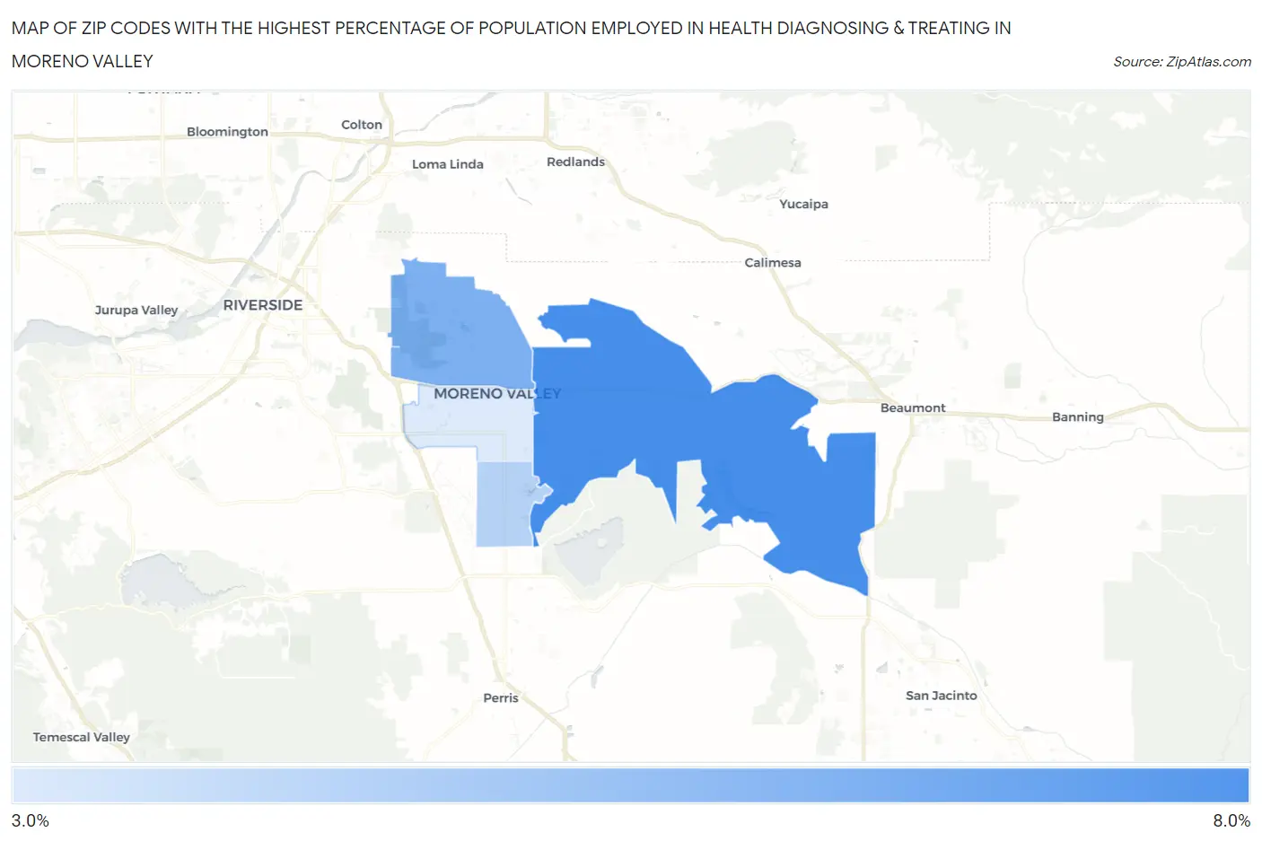 Zip Codes with the Highest Percentage of Population Employed in Health Diagnosing & Treating in Moreno Valley Map