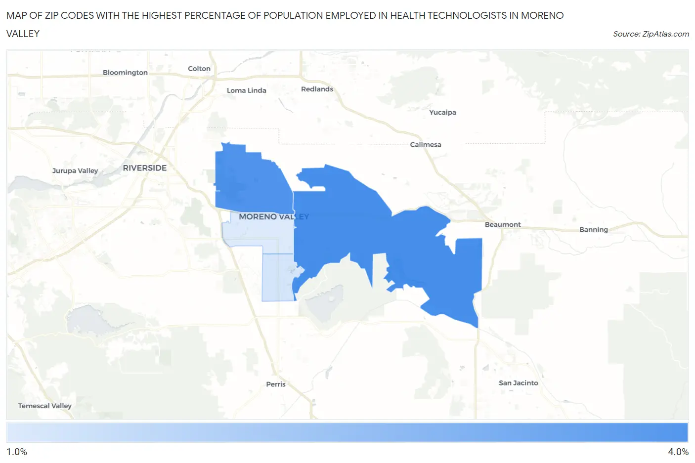 Zip Codes with the Highest Percentage of Population Employed in Health Technologists in Moreno Valley Map