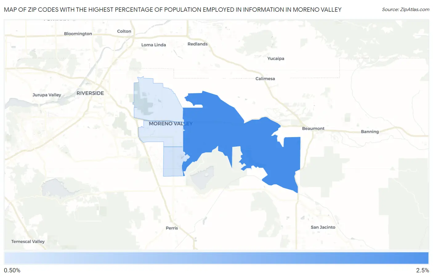 Zip Codes with the Highest Percentage of Population Employed in Information in Moreno Valley Map