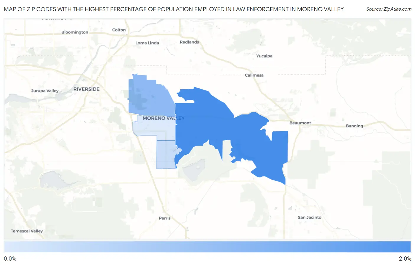 Zip Codes with the Highest Percentage of Population Employed in Law Enforcement in Moreno Valley Map