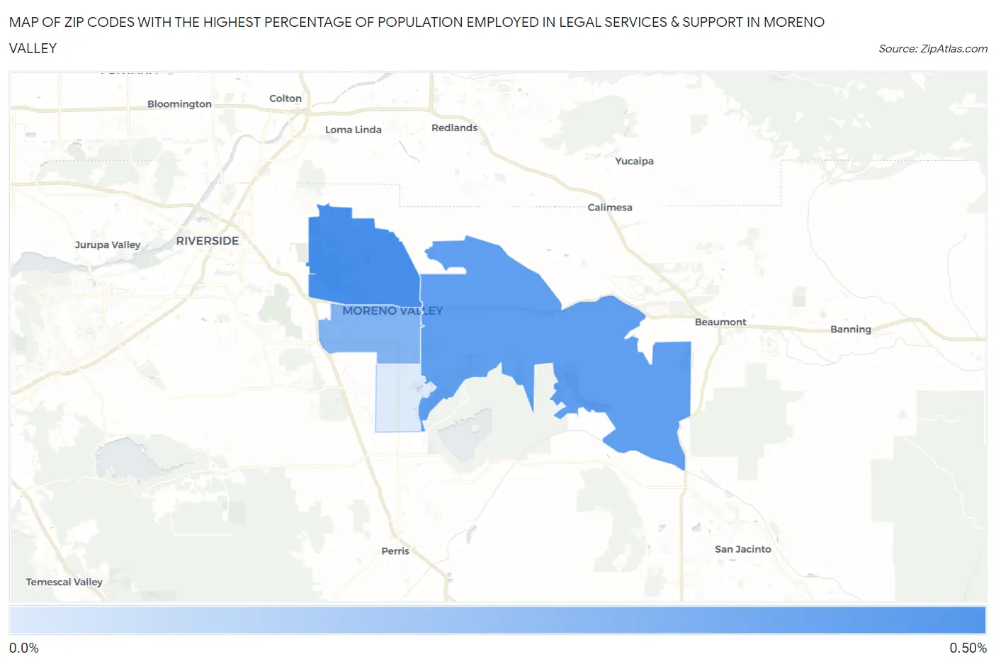 Zip Codes with the Highest Percentage of Population Employed in Legal Services & Support in Moreno Valley Map