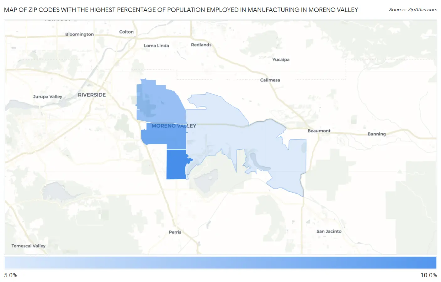 Zip Codes with the Highest Percentage of Population Employed in Manufacturing in Moreno Valley Map
