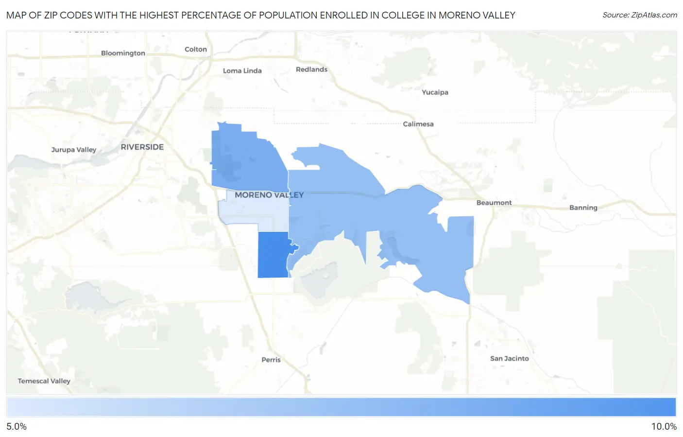 Zip Codes with the Highest Percentage of Population Enrolled in College in Moreno Valley Map