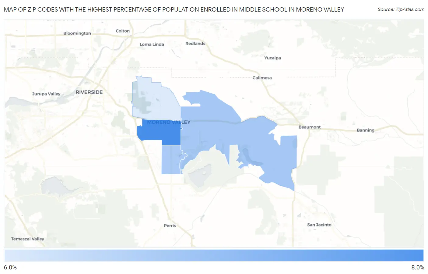 Zip Codes with the Highest Percentage of Population Enrolled in Middle School in Moreno Valley Map