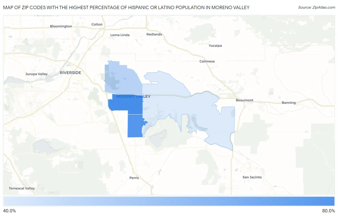 Zip Codes with the Highest Percentage of Hispanic or Latino Population in Moreno Valley Map