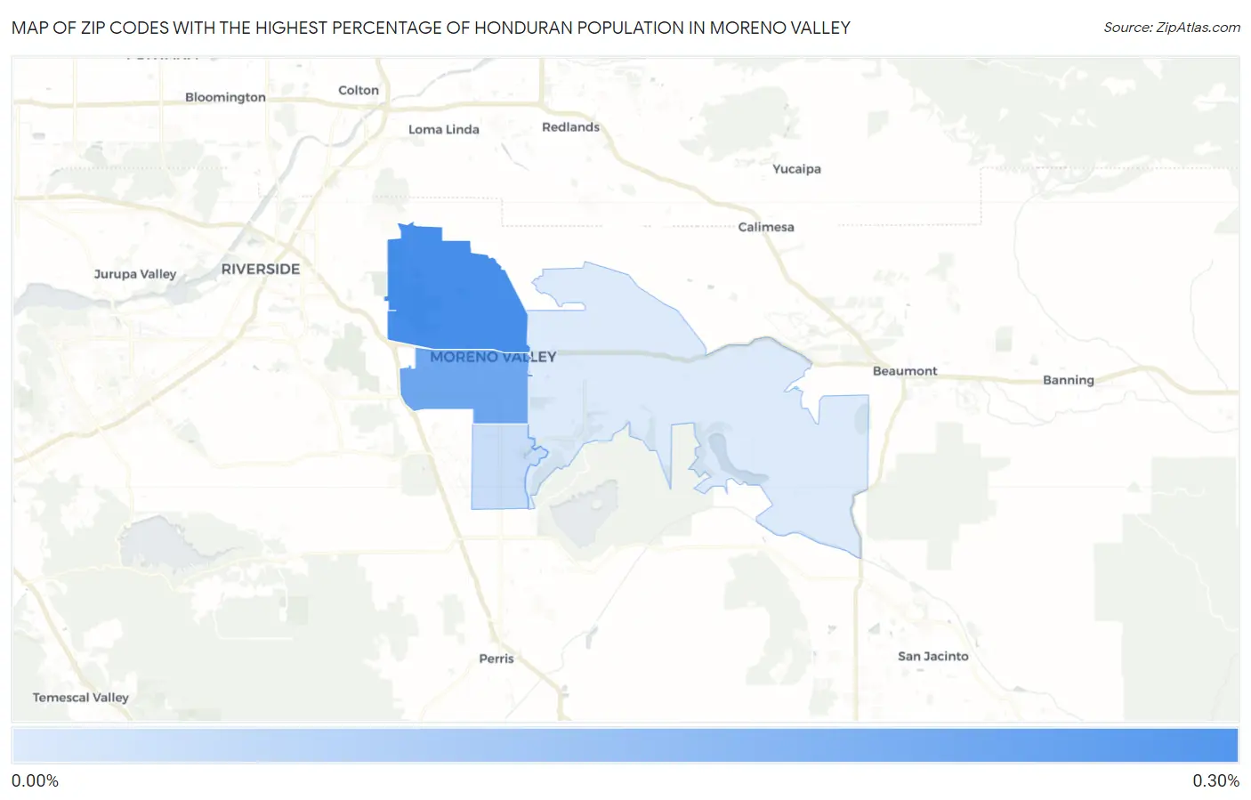 Zip Codes with the Highest Percentage of Honduran Population in Moreno Valley Map