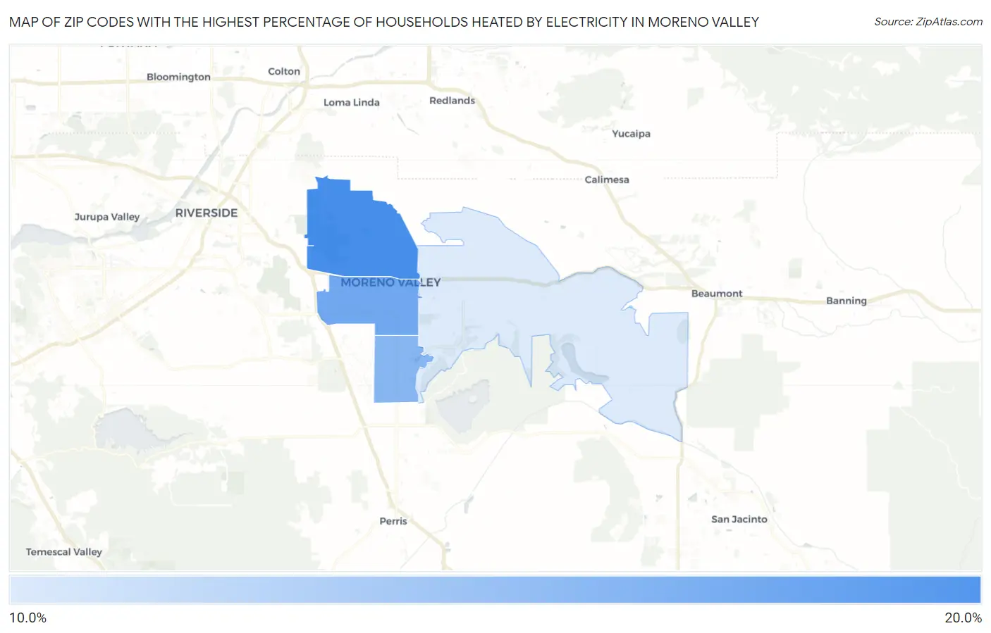 Zip Codes with the Highest Percentage of Households Heated by Electricity in Moreno Valley Map
