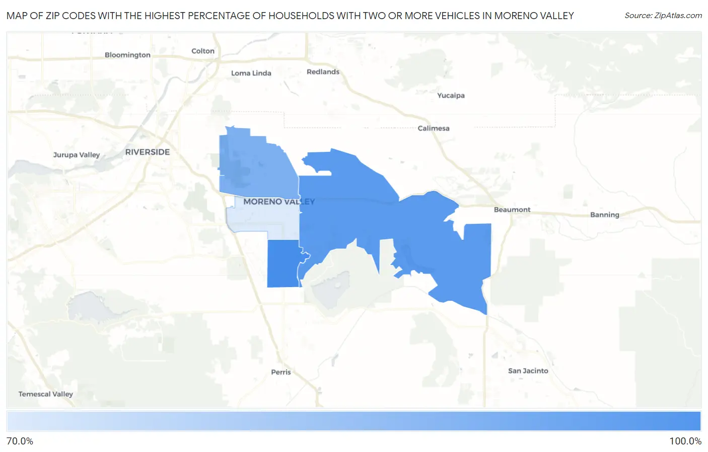 Zip Codes with the Highest Percentage of Households With Two or more Vehicles in Moreno Valley Map
