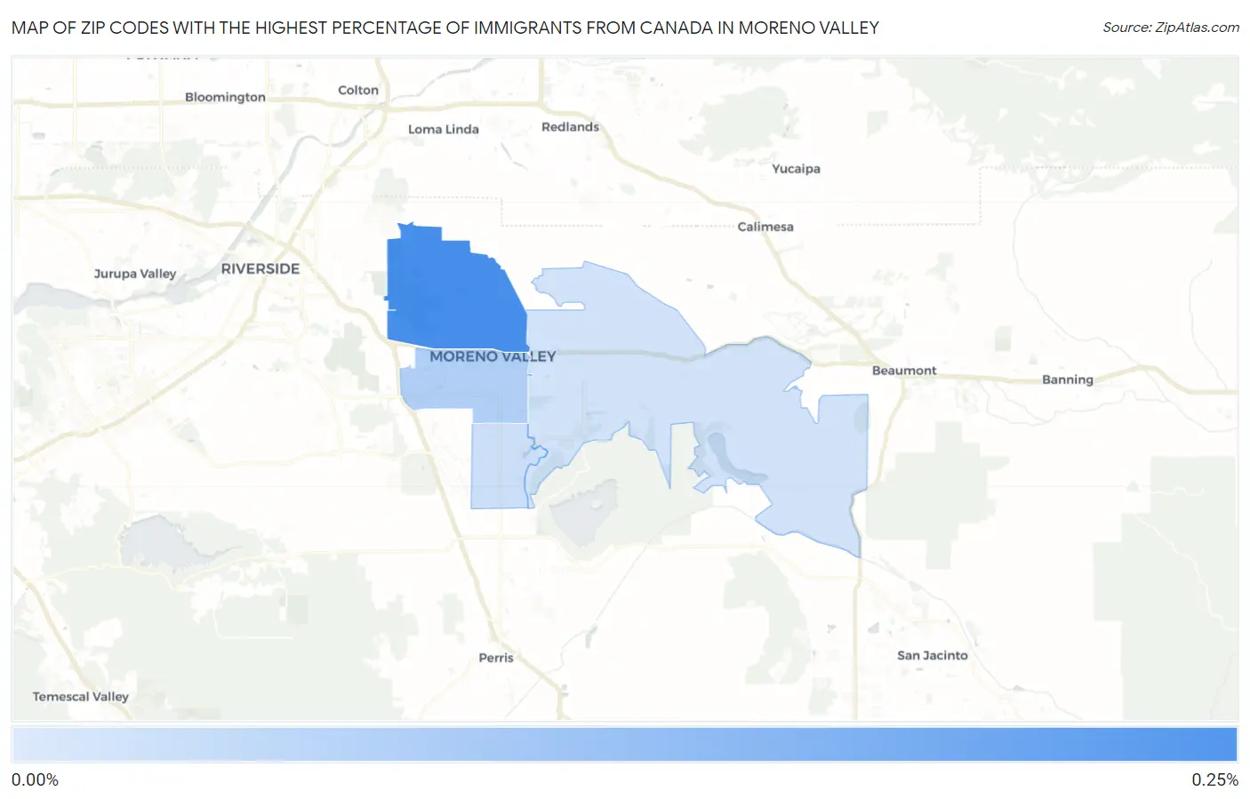 Zip Codes with the Highest Percentage of Immigrants from Canada in Moreno Valley Map