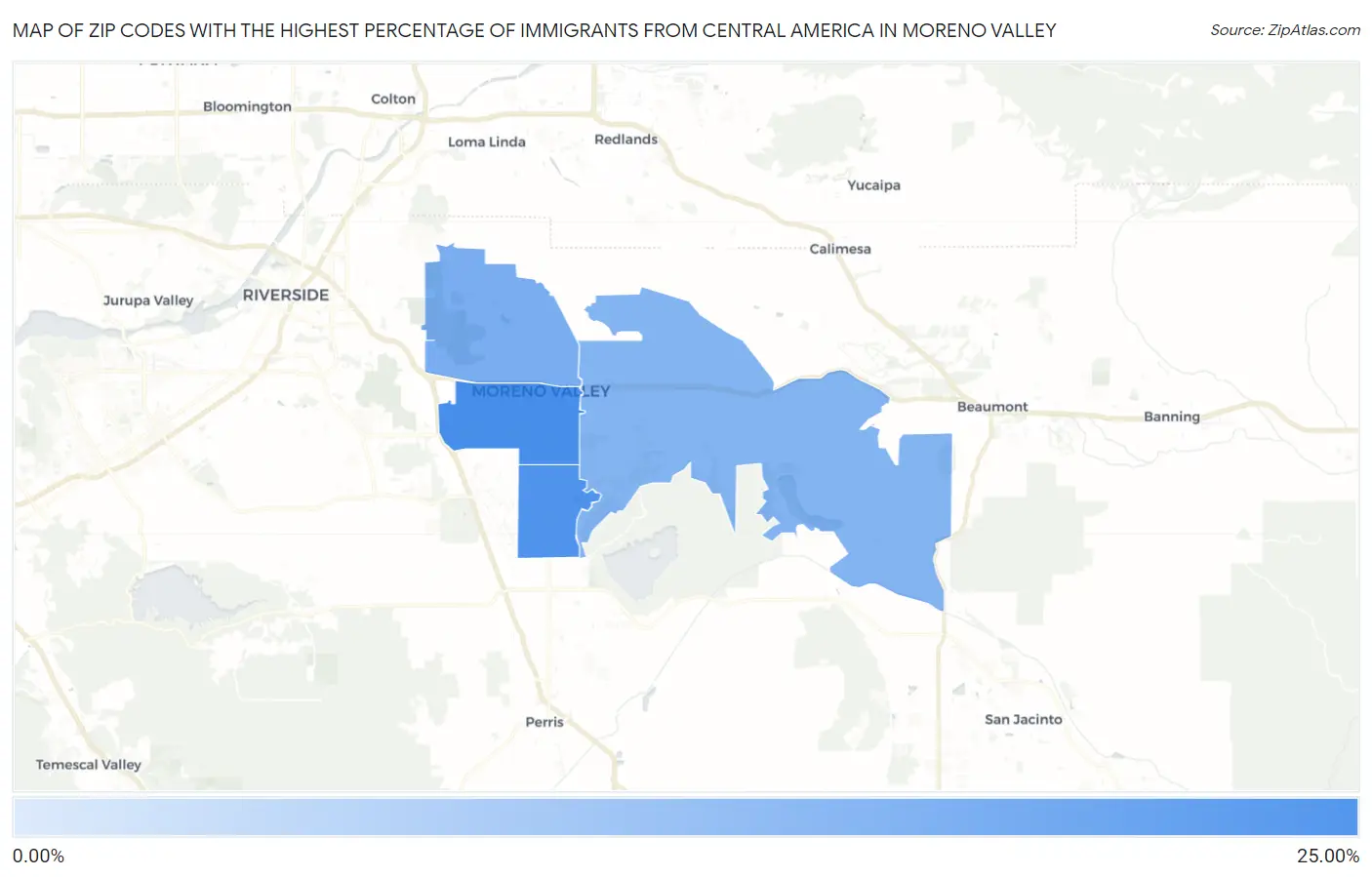 Zip Codes with the Highest Percentage of Immigrants from Central America in Moreno Valley Map