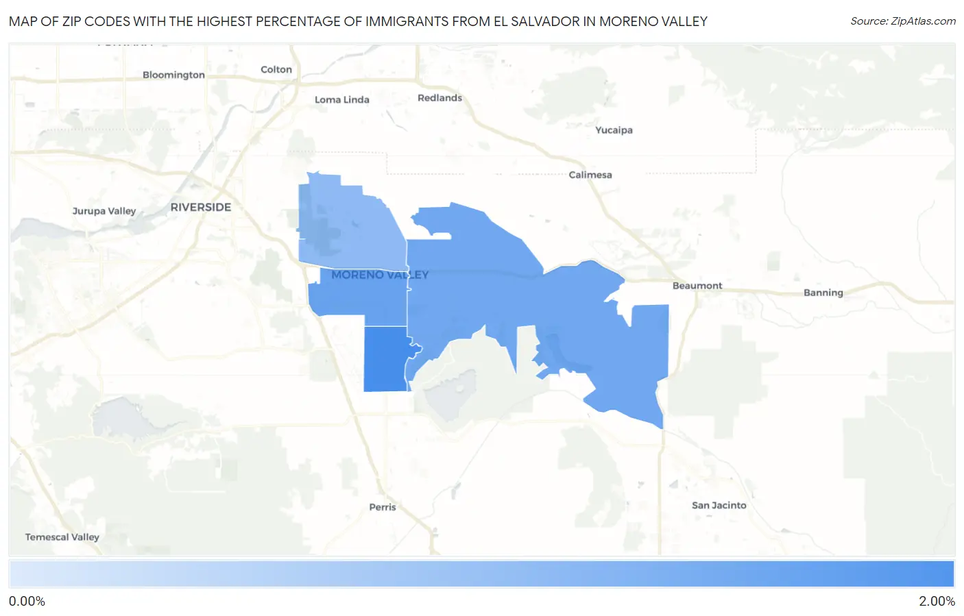 Zip Codes with the Highest Percentage of Immigrants from El Salvador in Moreno Valley Map