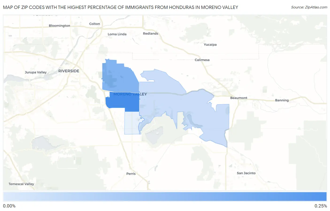 Zip Codes with the Highest Percentage of Immigrants from Honduras in Moreno Valley Map