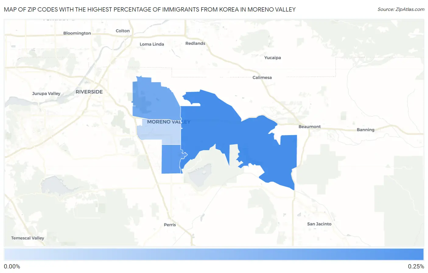 Zip Codes with the Highest Percentage of Immigrants from Korea in Moreno Valley Map
