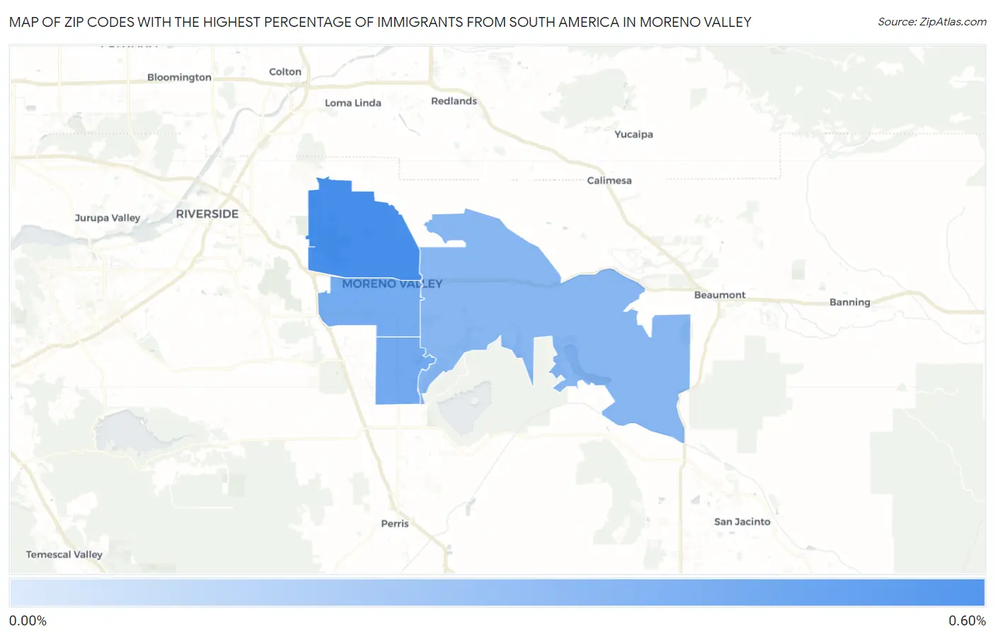 Zip Codes with the Highest Percentage of Immigrants from South America in Moreno Valley Map