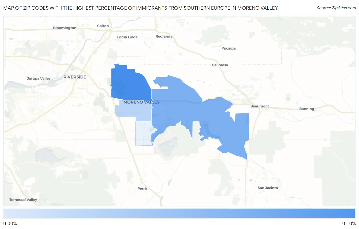 Zip Codes with the Highest Percentage of Immigrants from Southern Europe in Moreno Valley Map