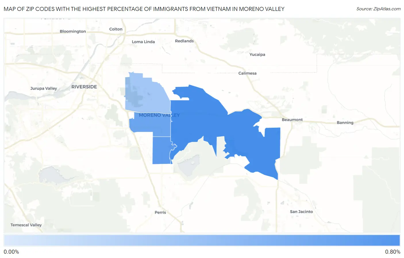 Zip Codes with the Highest Percentage of Immigrants from Vietnam in Moreno Valley Map