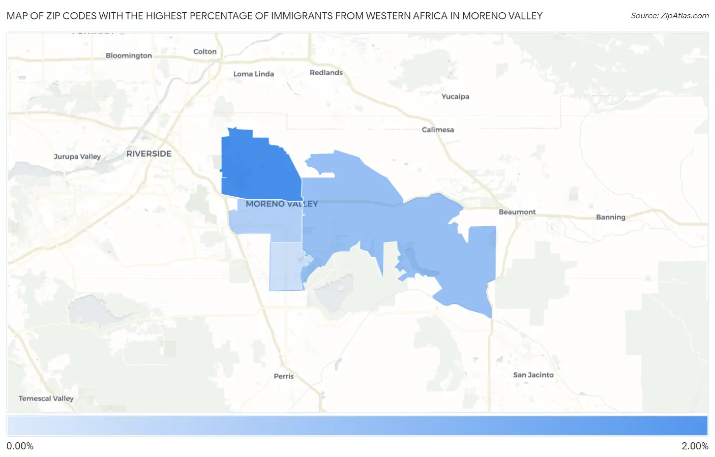 Zip Codes with the Highest Percentage of Immigrants from Western Africa in Moreno Valley Map