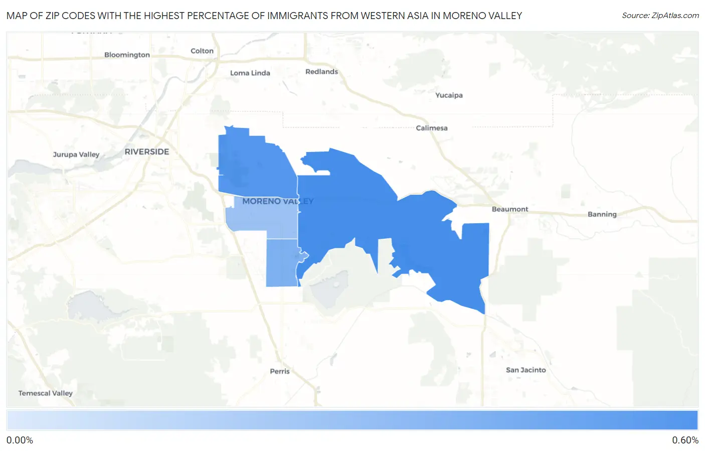Zip Codes with the Highest Percentage of Immigrants from Western Asia in Moreno Valley Map