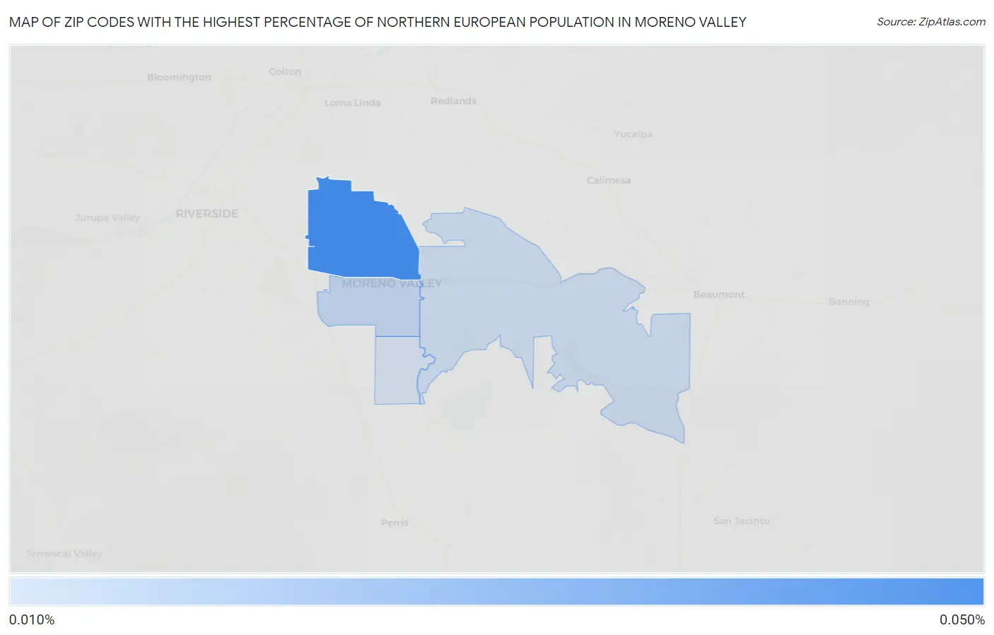 Zip Codes with the Highest Percentage of Northern European Population in Moreno Valley Map