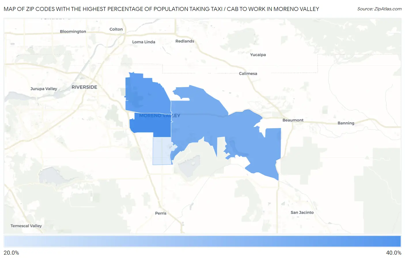 Zip Codes with the Highest Percentage of Population Taking Taxi / Cab to Work in Moreno Valley Map